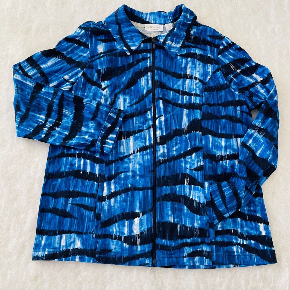 Weekends By Chico's Womens Blue Black Tie Dye Printed Jacket Size 2, US L